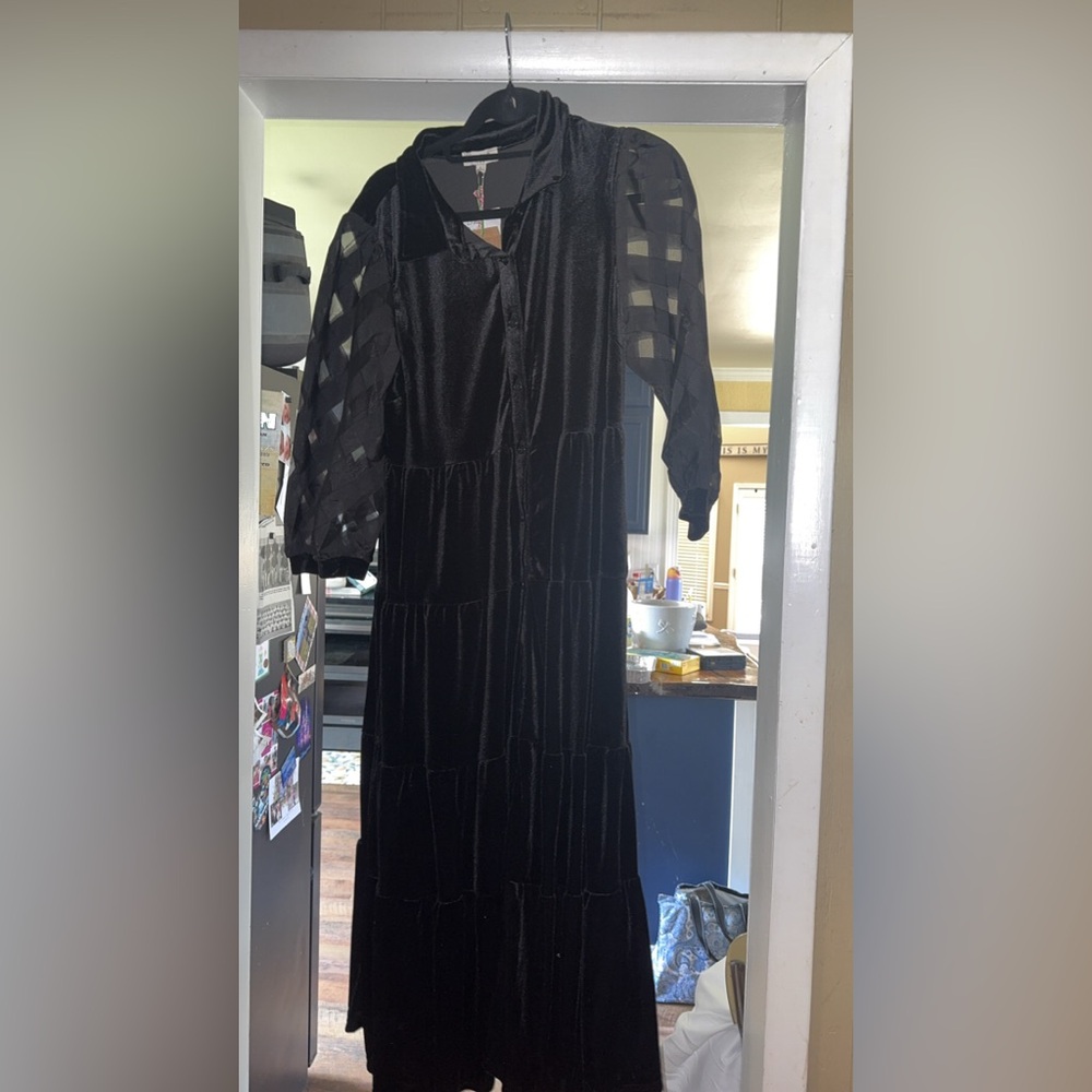 Umgee Black Tiered Maxi Dress with Sheer Check Sleeves